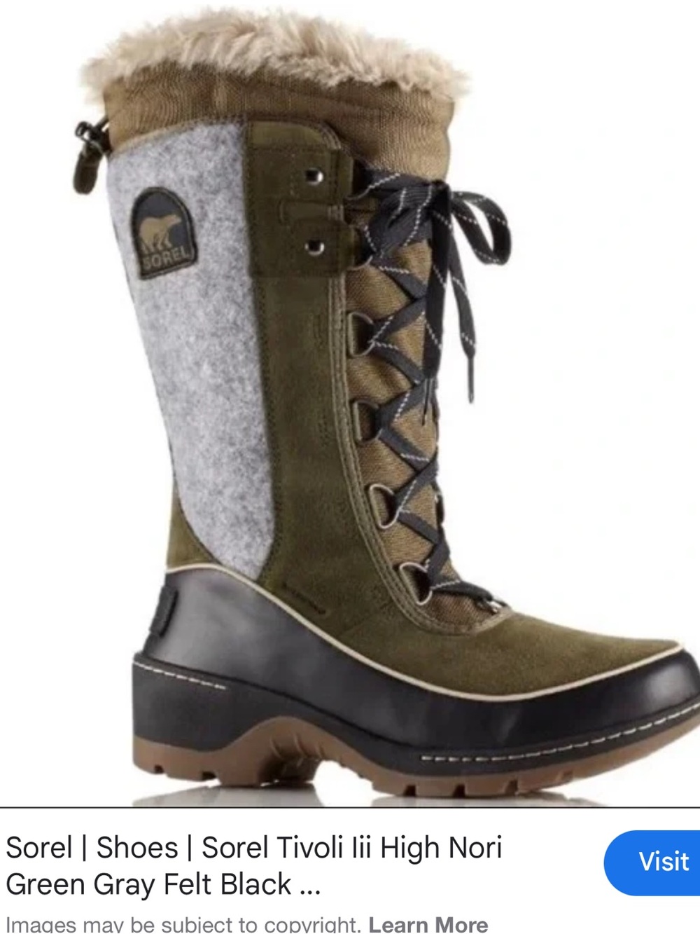 Sorel tivoli III high felt nori and black waterproof 9.5 winter boot